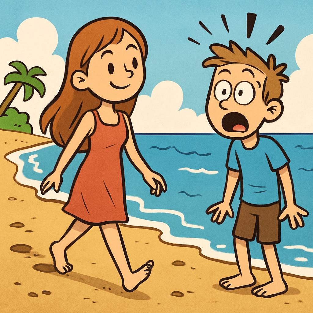 a girl walking barefoot on the beach with a man shocked looking Blank Meme Template