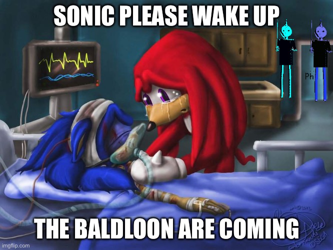 Alt | SONIC PLEASE WAKE UP; THE BALDLOON ARE COMING | image tagged in sonic please | made w/ Imgflip meme maker