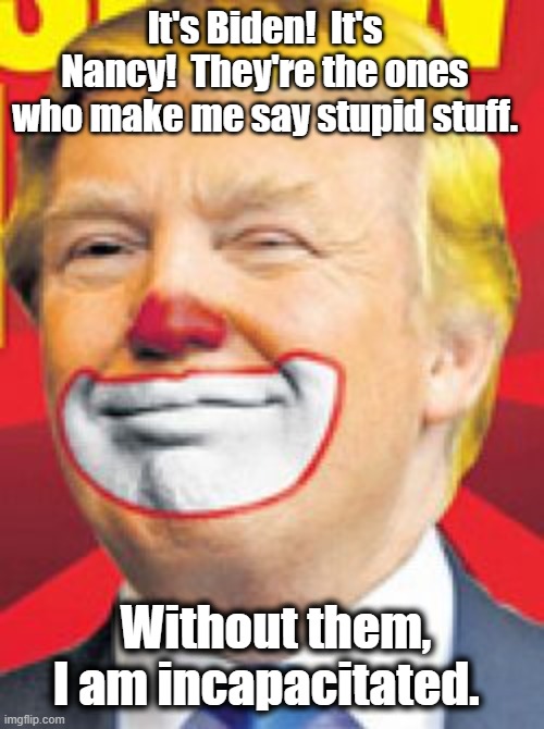 Donald Trump the Clown | It's Biden!  It's Nancy!  They're the ones who make me say stupid stuff. Without them, I am incapacitated. | image tagged in donald trump the clown | made w/ Imgflip meme maker