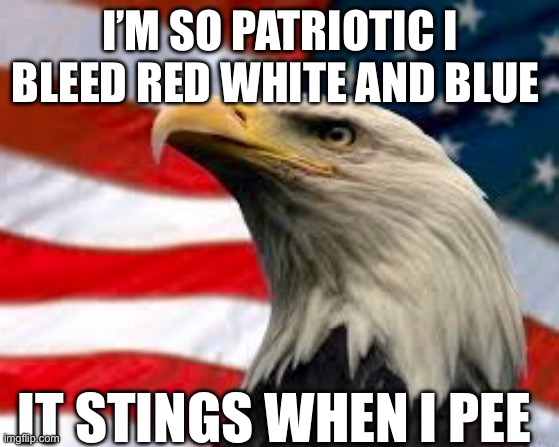 . | I’M SO PATRIOTIC I BLEED RED WHITE AND BLUE; IT STINGS WHEN I PEE | image tagged in murica patriotic eagle | made w/ Imgflip meme maker