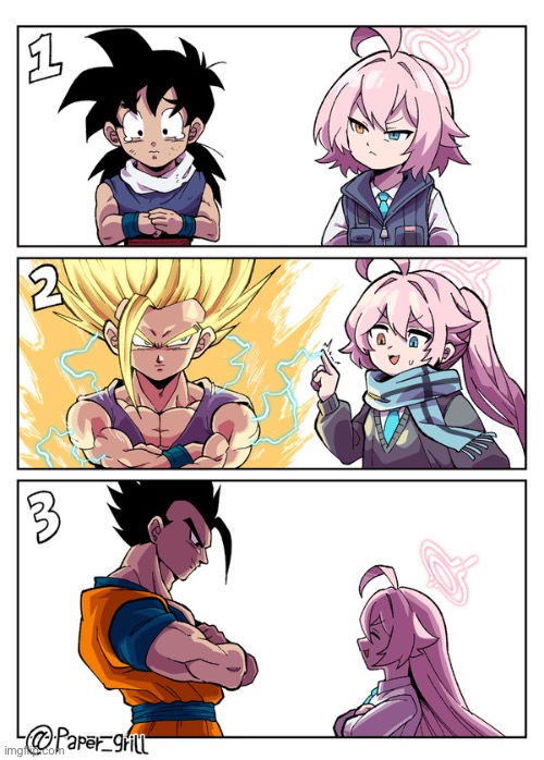Dragon Ball X Blue Archive. Credit to original artist. | image tagged in blue archive,hoshino,dragon ball,gohan,crossover,art | made w/ Imgflip meme maker