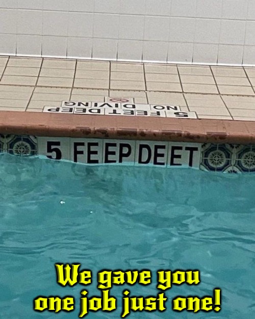 Feep Deet | We gave you one job just one! | image tagged in you had one job,you had one job just the one,swimming pool,epic fail,backwards,you're fired | made w/ Imgflip meme maker
