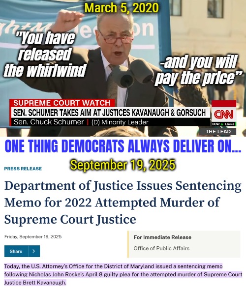 The threat was ofc dismissed, but inciting to violence is as normal now as Chuck's 235 lawfare judges... | March 5, 2020; "You have released the whirlwind; -and you will pay the price”; ONE THING DEMOCRATS ALWAYS DELIVER ON... | image tagged in democrats,crime,american politics | made w/ Imgflip meme maker