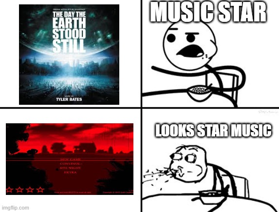 fnaf 4 menu theme looks like star the day earth stood still music | MUSIC STAR; LOOKS STAR MUSIC | image tagged in he will never,fnaf 4,the day the earth stood still | made w/ Imgflip meme maker