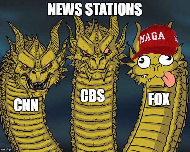 Fox thinks its the only TRUE news source | NEWS STATIONS; CBS; FOX; CNN | image tagged in three-headed dragon,fox news,cnn,cbs,king ghidorah,politics | made w/ Imgflip meme maker