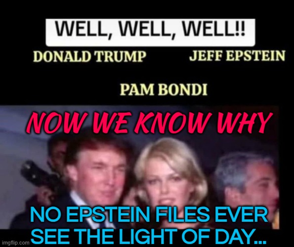 NOW WE KNOW WHY; NO EPSTEIN FILES EVER SEE THE LIGHT OF DAY... | NOW WE KNOW WHY; NO EPSTEIN FILES EVER SEE THE LIGHT OF DAY... | image tagged in epstein files,jeffrey epstein,it's a conspiracy,fbi,donald trump,pedophile | made w/ Imgflip meme maker