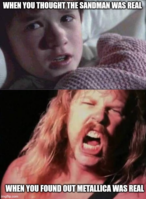 Sandman | WHEN YOU THOUGHT THE SANDMAN WAS REAL; WHEN YOU FOUND OUT METALLICA WAS REAL | image tagged in memes,i see dead people,metallica,metal,music | made w/ Imgflip meme maker