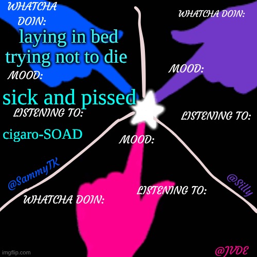 SJS shared temp. | laying in bed trying not to die; sick and pissed; cigaro-SOAD | image tagged in sjs shared temp | made w/ Imgflip meme maker