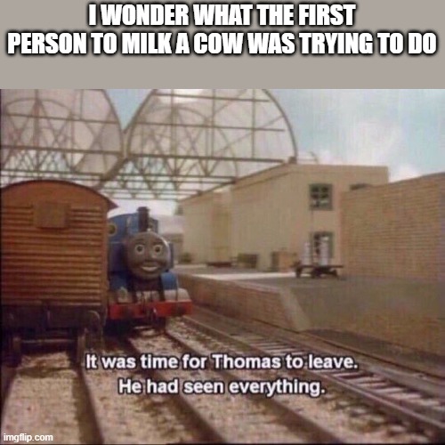 What where they trying to do? | I WONDER WHAT THE FIRST PERSON TO MILK A COW WAS TRYING TO DO | image tagged in it was time for thomas to leave,funny memes,why are you reading the tags | made w/ Imgflip meme maker
