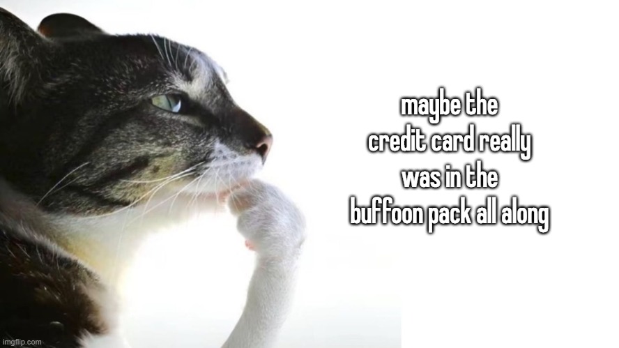 Thinker | maybe the credit card really was in the buffoon pack all along | image tagged in thinker | made w/ Imgflip meme maker