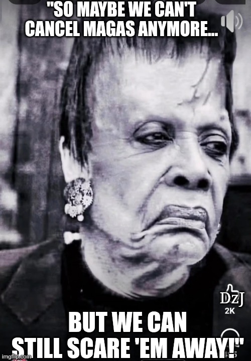 Maxine scary Halloween vibes | "SO MAYBE WE CAN'T CANCEL MAGAS ANYMORE... DzJ; BUT WE CAN STILL SCARE 'EM AWAY!" | image tagged in scary,liberal,dumbass,loser | made w/ Imgflip meme maker