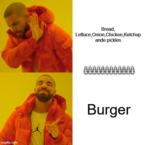 Pov:Eating burger | Bread, Lettuce,Onion,Chicken,Ketchup ande pickles; ↡↡↡↡↡↡↡↡↡↡↡↡; Burger | image tagged in memes,drake hotline bling,burger | made w/ Imgflip meme maker