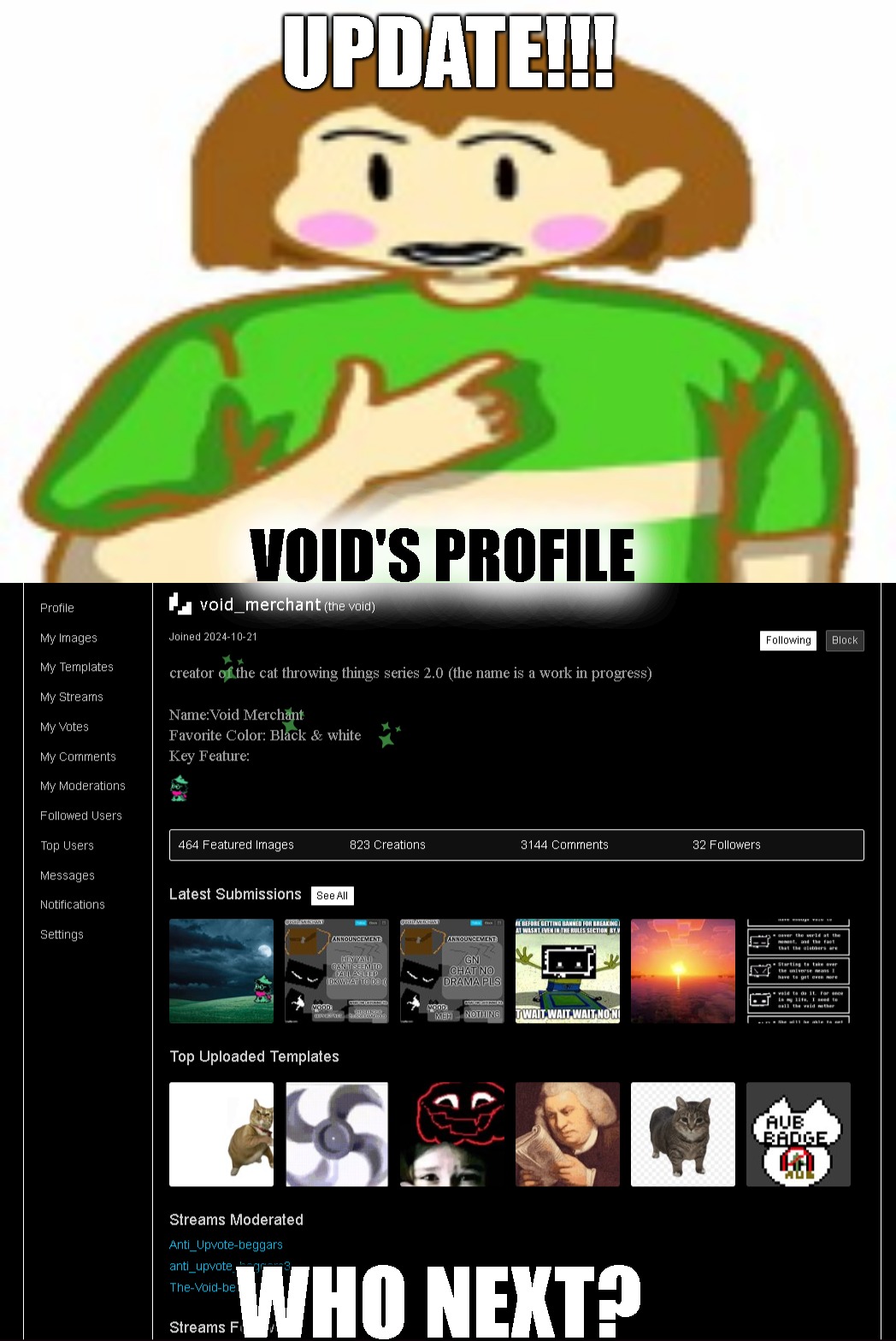 UPDATE!!! VOID'S PROFILE; WHO NEXT? | image tagged in chara funni | made w/ Imgflip meme maker