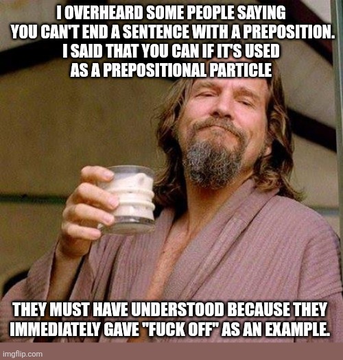 Cheesey stupid | I OVERHEARD SOME PEOPLE SAYING
 YOU CAN'T END A SENTENCE WITH A PREPOSITION.
 I SAID THAT YOU CAN IF IT'S USED 
AS A PREPOSITIONAL PARTICLE; THEY MUST HAVE UNDERSTOOD BECAUSE THEY IMMEDIATELY GAVE "FUCK OFF" AS AN EXAMPLE. | image tagged in the dude | made w/ Imgflip meme maker