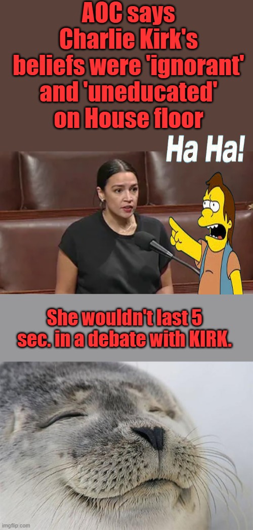 AOC says Charlie Kirk's beliefs were 'ignorant' and 'uneducated' on House floor; She wouldn't last 5 sec. in a debate with KIRK. | image tagged in memes,satisfied seal | made w/ Imgflip meme maker
