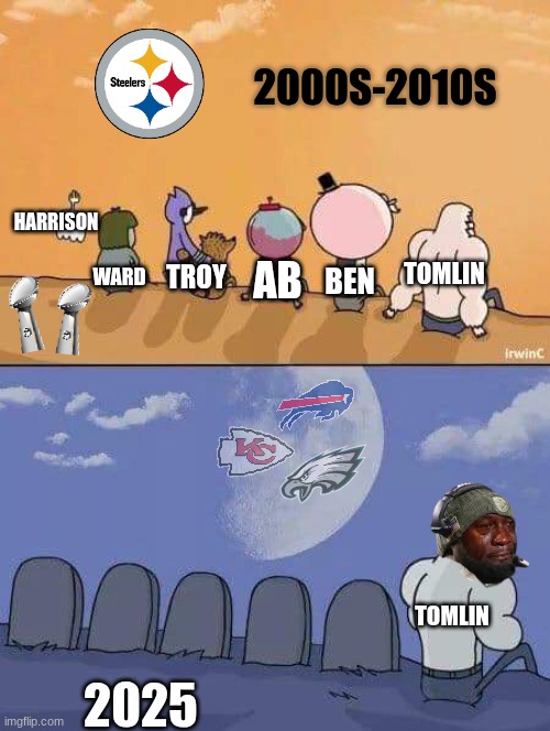 Mike Tomlin meme | 2000S-2010S; HARRISON; WARD; TOMLIN; TROY; BEN; AB; TOMLIN; 2025 | image tagged in regular show graves,mike tomlin,nfl memes,steelers,football,nfl | made w/ Imgflip meme maker