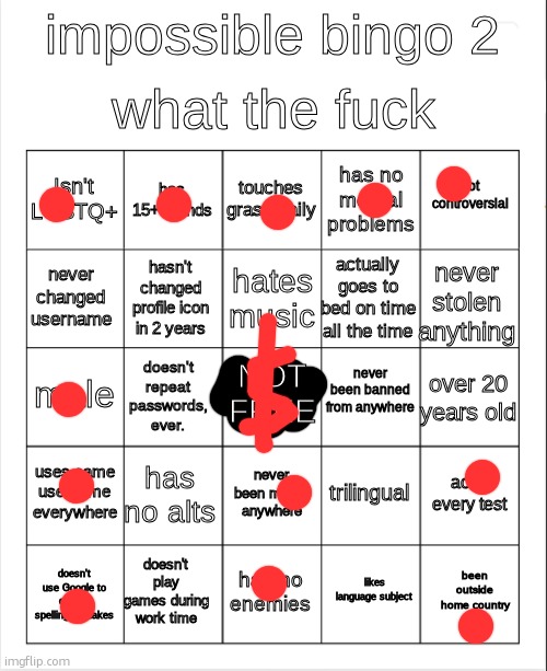 goddamn the top row really gives the bingo for free | image tagged in impossible bingo 2 | made w/ Imgflip meme maker