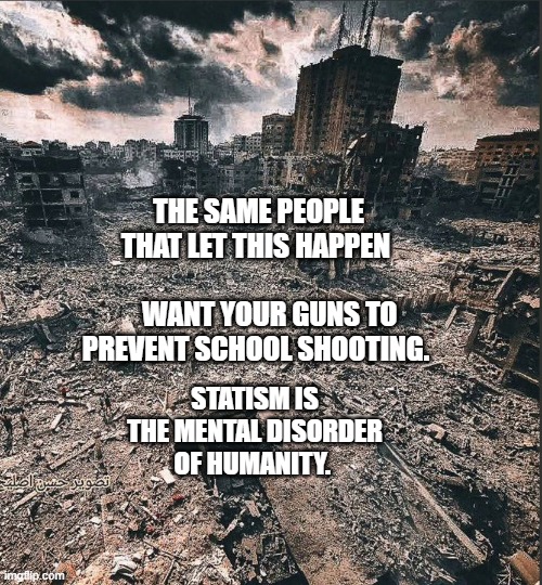 Gaza | THE SAME PEOPLE THAT LET THIS HAPPEN                            WANT YOUR GUNS TO PREVENT SCHOOL SHOOTING. STATISM IS THE MENTAL DISORDER OF HUMANITY. | image tagged in gaza | made w/ Imgflip meme maker