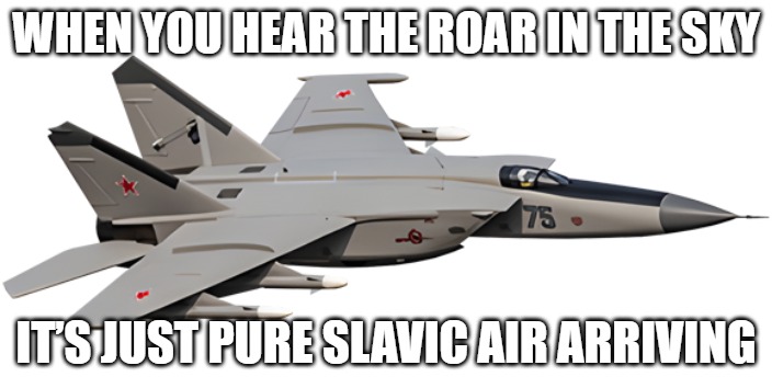 MiG-25 | WHEN YOU HEAR THE ROAR IN THE SKY; IT’S JUST PURE SLAVIC AIR ARRIVING | image tagged in mig-25,slavic jet | made w/ Imgflip meme maker