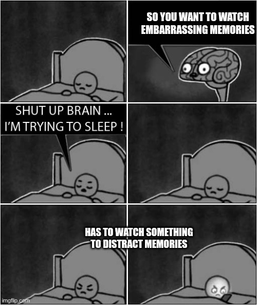 This happens everyday | SO YOU WANT TO WATCH EMBARRASSING MEMORIES; HAS TO WATCH SOMETHING TO DISTRACT MEMORIES | image tagged in shut up brain i'm trying to sleep | made w/ Imgflip meme maker