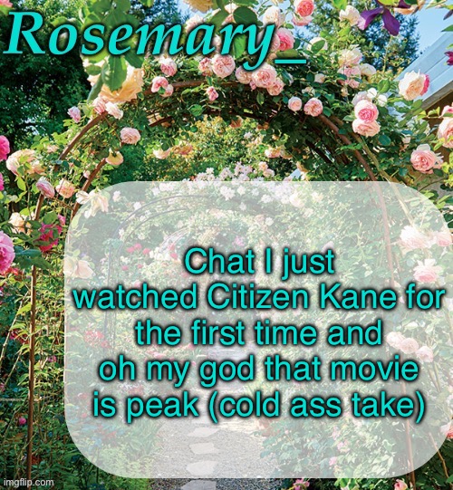 Citizen Kane is tied with The Godfather for the highest rated film of all time | Chat I just watched Citizen Kane for the first time and oh my god that movie is peak (cold ass take) | image tagged in rosemary_ template | made w/ Imgflip meme maker