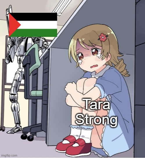 Tara Strong and Palestine | Tara Strong | image tagged in anime girl hiding from terminator,tara strong,palestine,jewish | made w/ Imgflip meme maker