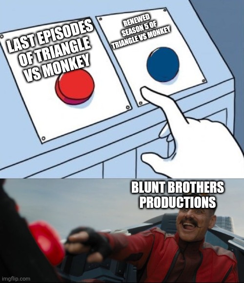 Blunt Brothers Productions In Late 2025 | RENEWED SEASON 5 OF TRIANGLE VS MONKEY; LAST EPISODES OF TRIANGLE VS MONKEY; BLUNT BROTHERS PRODUCTIONS | image tagged in robotnik button | made w/ Imgflip meme maker