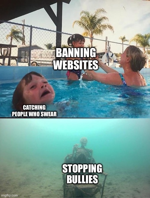 sinking skeleton | BANNING WEBSITES CATCHING PEOPLE WHO SWEAR STOPPING BULLIES | image tagged in sinking skeleton | made w/ Imgflip meme maker