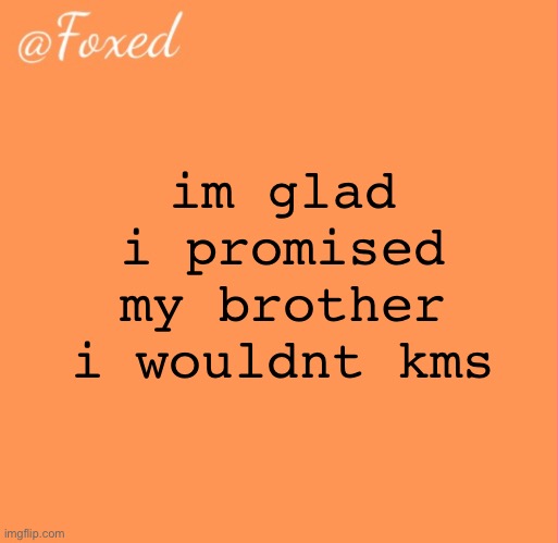 foxed orange temp | im glad i promised my brother i wouldnt kms | image tagged in foxed orange temp | made w/ Imgflip meme maker