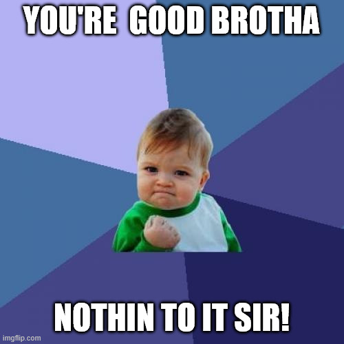 YOU'RE  GOOD BROTHA NOTHIN TO IT SIR! | image tagged in memes,success kid | made w/ Imgflip meme maker