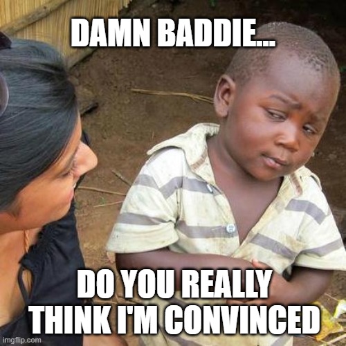 Third World Skeptical Kid Meme | DAMN BADDIE... DO YOU REALLY THINK I'M CONVINCED | image tagged in memes,third world skeptical kid | made w/ Imgflip meme maker
