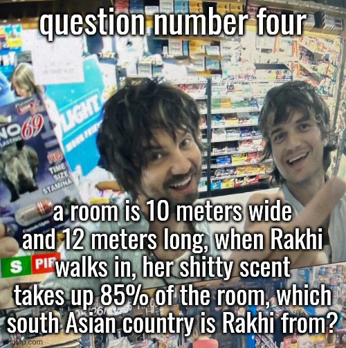 Kevin Parker and Joe Keery | question number four; a room is 10 meters wide and 12 meters long, when Rakhi walks in, her shitty scent takes up 85% of the room, which south Asian country is Rakhi from? | image tagged in kevin parker and joe keery | made w/ Imgflip meme maker