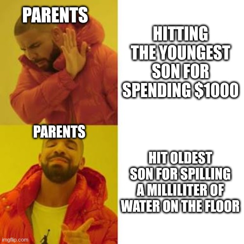Parents be like | HITTING THE YOUNGEST SON FOR SPENDING $1000; PARENTS; PARENTS; HIT OLDEST SON FOR SPILLING A MILLILITER OF WATER ON THE FLOOR | image tagged in drake no/yes | made w/ Imgflip meme maker