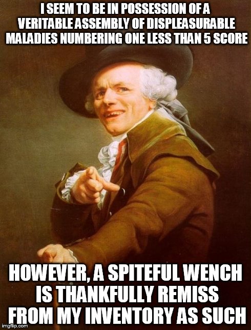 problems through the ages | I SEEM TO BE IN POSSESSION OF A VERITABLE ASSEMBLY OF DISPLEASURABLE MALADIES NUMBERING ONE LESS THAN 5 SCORE HOWEVER, A SPITEFUL WENCH IS T | image tagged in memes,joseph ducreux,jayz,99 problems | made w/ Imgflip meme maker