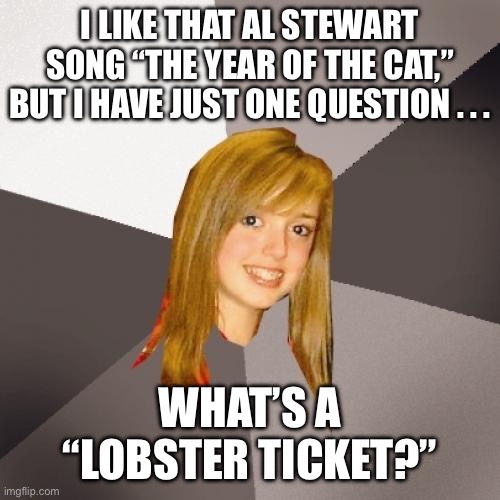 Musically Oblivious 8th Grader Year of the Cat | I LIKE THAT AL STEWART SONG “THE YEAR OF THE CAT,” BUT I HAVE JUST ONE QUESTION . . . WHAT’S A “LOBSTER TICKET?” | image tagged in memes,musically oblivious 8th grader,al stewart,the year of the cat,misheard lyric | made w/ Imgflip meme maker