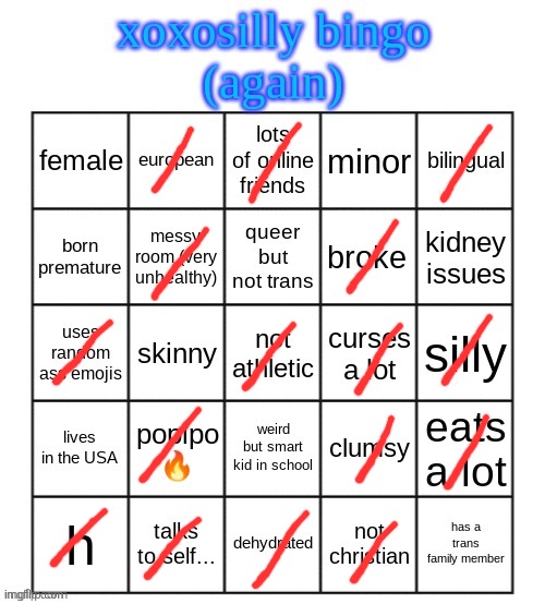 xoxosilly bingo AGAIN | image tagged in xoxosilly bingo again | made w/ Imgflip meme maker
