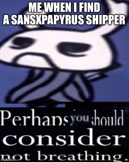 Eradicate them | ME WHEN I FIND A SANSXPAPYRUS SHIPPER | image tagged in hollow knight not breathing | made w/ Imgflip meme maker