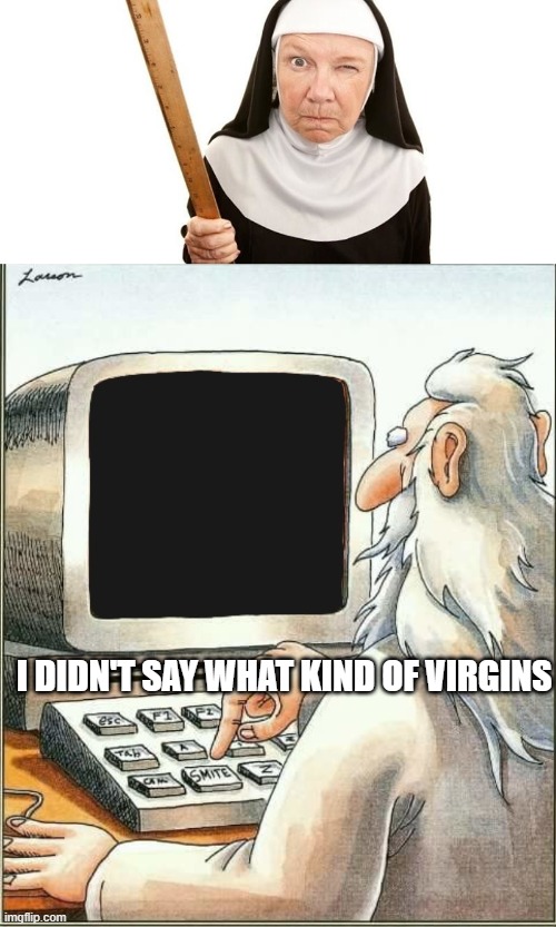 I DIDN'T SAY WHAT KIND OF VIRGINS | image tagged in angry nun,god at his computer | made w/ Imgflip meme maker