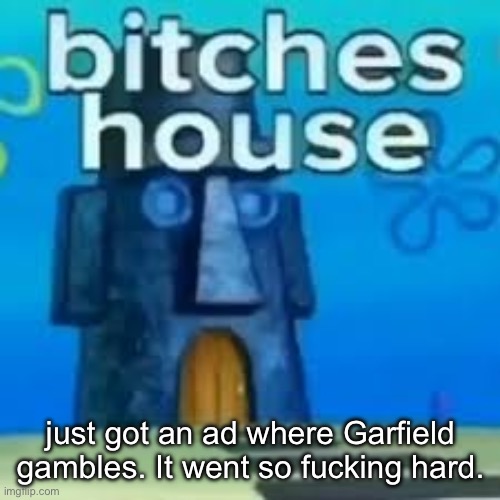 bitches house | I just got an ad where Garfield gambles. It went so fucking hard. | image tagged in bitches house | made w/ Imgflip meme maker