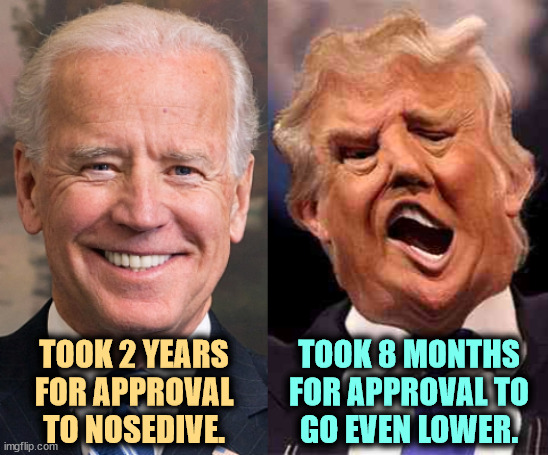 TOOK 2 YEARS
FOR APPROVAL
TO NOSEDIVE. TOOK 8 MONTHS
FOR APPROVAL TO
GO EVEN LOWER. | image tagged in joe biden,trump,approval,fail,loser,rock bottom | made w/ Imgflip meme maker