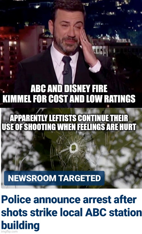 Those leftists and their 2nd amendment | ABC AND DISNEY FIRE KIMMEL FOR COST AND LOW RATINGS; APPARENTLY LEFTISTS CONTINUE THEIR USE OF SHOOTING WHEN FEELINGS ARE HURT | image tagged in jimmy kimmel cries,liberals,leftists,democrats,feelings,terrorists | made w/ Imgflip meme maker