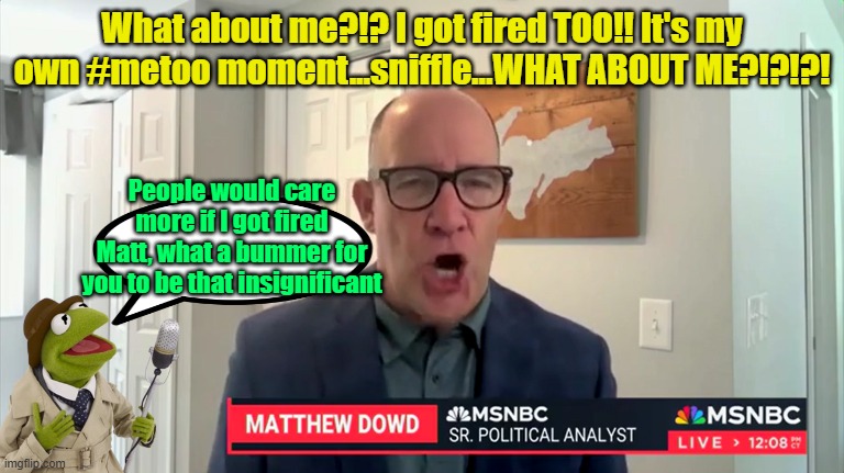 From the files of "No one gives a sh*t" | What about me?!? I got fired TOO!! It's my own #metoo moment...sniffle...WHAT ABOUT ME?!?!?! People would care more if I got fired Matt, what a bummer for you to be that insignificant | image tagged in msnbc,you're fired,kermit the frog,propaganda | made w/ Imgflip meme maker