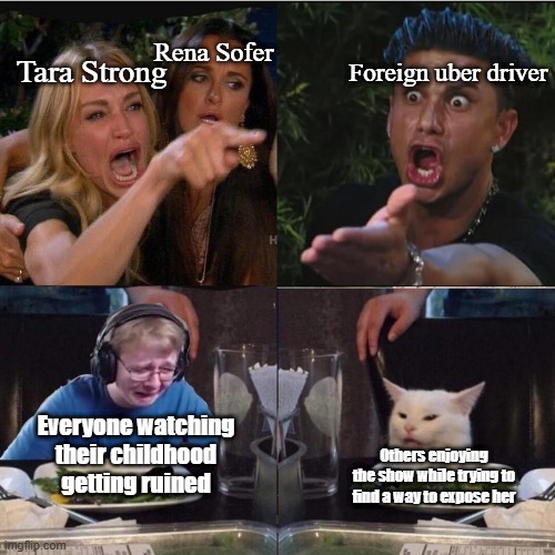 Tara Strong in 2018 | Rena Sofer; Foreign uber driver; Tara Strong; Everyone watching their childhood getting ruined; Others enjoying the show while trying to find a way to expose her | image tagged in taylor armstrong and pauly d yelling at each other whilst call m,tara strong,2010s,rena sofer,uber | made w/ Imgflip meme maker