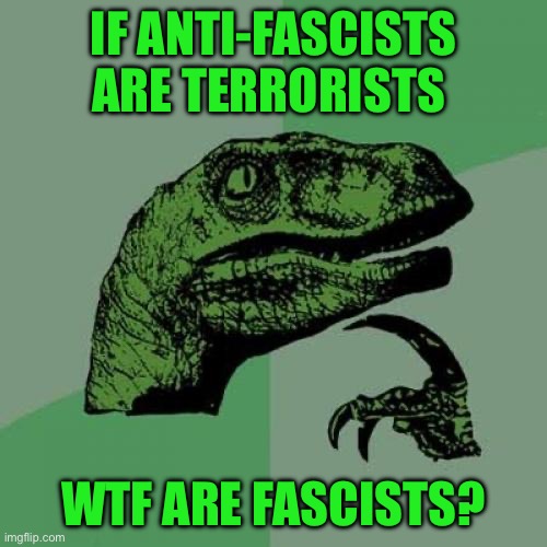 Philosoraptor | IF ANTI-FASCISTS ARE TERRORISTS; WTF ARE FASCISTS? | image tagged in memes,philosoraptor | made w/ Imgflip meme maker