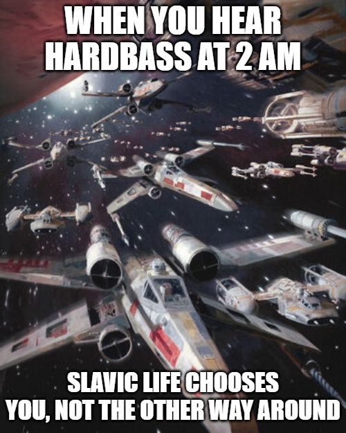 X-Wing Alliance Fleet | WHEN YOU HEAR HARDBASS AT 2 AM; SLAVIC LIFE CHOOSES YOU, NOT THE OTHER WAY AROUND | image tagged in x-wing alliance fleet,slavic aur,slavic air | made w/ Imgflip meme maker