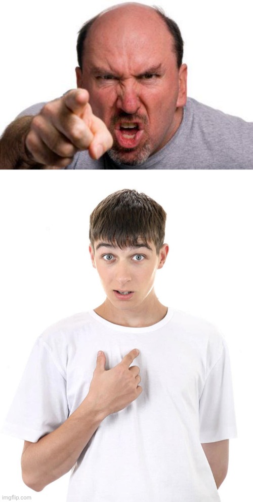 image tagged in angry man pointing,guy pointing at himself | made w/ Imgflip meme maker