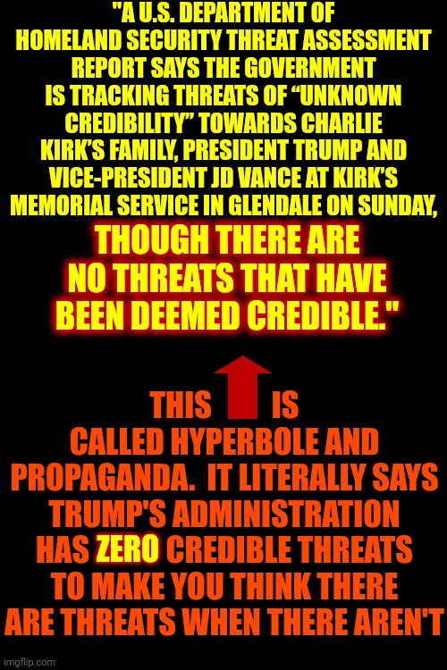Propaganda For The Academically Challenged. | "A U.S. DEPARTMENT OF HOMELAND SECURITY THREAT ASSESSMENT REPORT SAYS THE GOVERNMENT IS TRACKING THREATS OF “UNKNOWN CREDIBILITY” TOWARDS CHARLIE KIRK’S FAMILY, PRESIDENT TRUMP AND VICE-PRESIDENT JD VANCE AT KIRK’S MEMORIAL SERVICE IN GLENDALE ON SUNDAY, THOUGH THERE ARE NO THREATS THAT HAVE BEEN DEEMED CREDIBLE."; THIS          IS CALLED HYPERBOLE AND PROPAGANDA.  IT LITERALLY SAYS TRUMP'S ADMINISTRATION HAS ZERO CREDIBLE THREATS TO MAKE YOU THINK THERE ARE THREATS WHEN THERE AREN'T; ZERO | image tagged in memes,maga,propaganda,lies,deceit,special kind of stupid | made w/ Imgflip meme maker