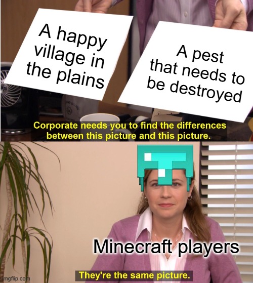 What did they do to you?! | A happy village in the plains; A pest that needs to be destroyed; Minecraft players | image tagged in memes,they're the same picture | made w/ Imgflip meme maker