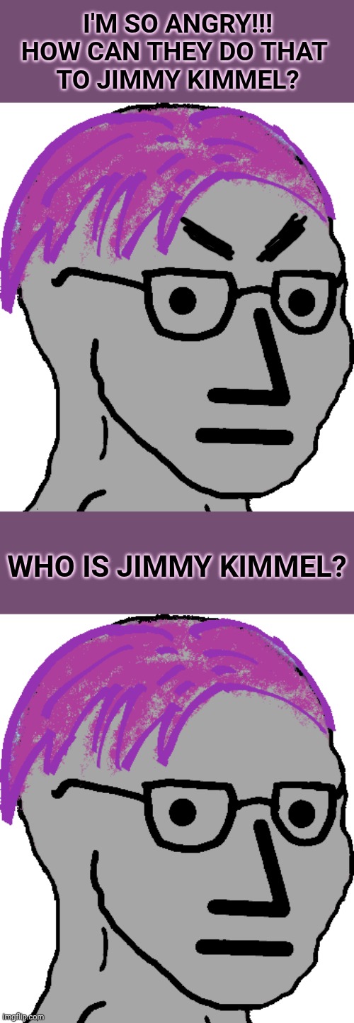 So angry | I'M SO ANGRY!!!
HOW CAN THEY DO THAT 
TO JIMMY KIMMEL? WHO IS JIMMY KIMMEL? | image tagged in liberal problems,jimmy kimmel,low ratings,fake outrage,memes,nice hair | made w/ Imgflip meme maker