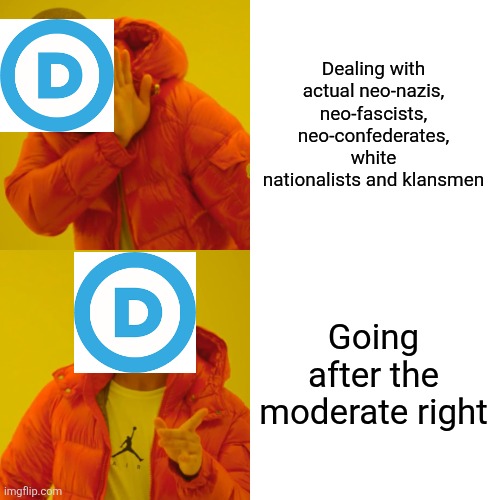 How are moderate conservatives the problem instead of the actual extremists? | Dealing with actual neo-nazis, neo-fascists, neo-confederates, white nationalists and klansmen; Going after the moderate right | image tagged in memes,drake hotline bling | made w/ Imgflip meme maker